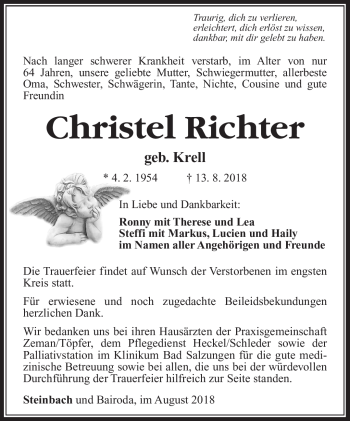 Traueranzeige von Christel Richter von Südthüringer Presse