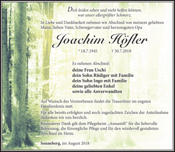 Traueranzeige von Joachim Höfler von Südthüringer Presse