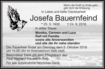 Traueranzeige von Josefa Bauernfeind von Frankenpost