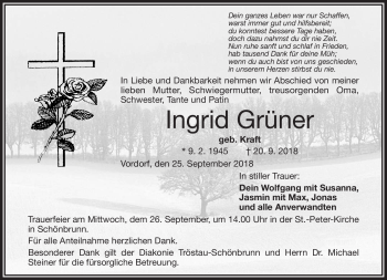 Traueranzeige von Ingrid Grüner von Frankenpost
