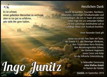 Traueranzeige von Ingo Junitz von Südthüringer Presse