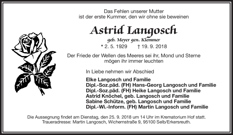  Traueranzeige für Astrid Langosch vom 22.09.2018 aus Frankenpost