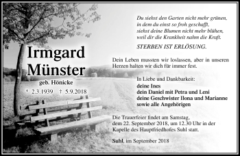 Traueranzeige von Irmgard Münster von Südthüringer Presse