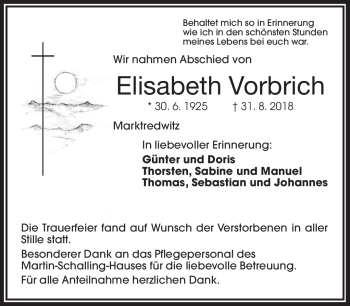 Traueranzeige von Elisabeth Vorbrich von Frankenpost
