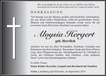 Traueranzeige von Aloysia Hergert von Südthüringer Presse