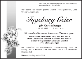 Traueranzeige von Ingeburg Geier von Südthüringer Presse