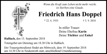 Traueranzeige von Friedrich Hans Doppel von Neue Presse Coburg