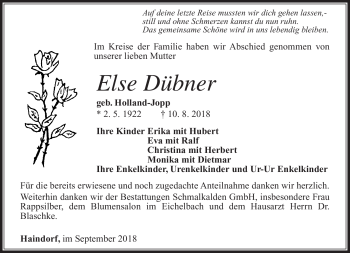 Traueranzeige von Else Dübner von Südthüringer Presse
