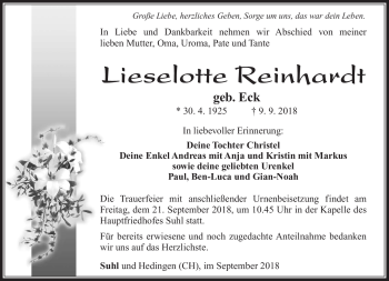 Traueranzeige von Lieselotte Reinhardt von Südthüringer Presse