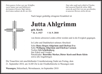 Traueranzeige von Jutta Ahlgrimm von Südthüringer Presse