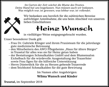 Traueranzeige von Heinz Wunsch von Südthüringer Presse