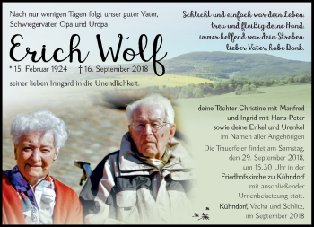 Traueranzeige von Erich Wolf von Südthüringer Presse
