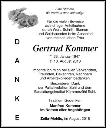 Traueranzeige von Gertrud Kommer von Südthüringer Presse