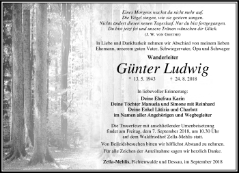 Traueranzeige von Günter Ludwig von Südthüringer Presse