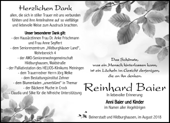 Traueranzeige von Reinhard Baier von Südthüringer Presse