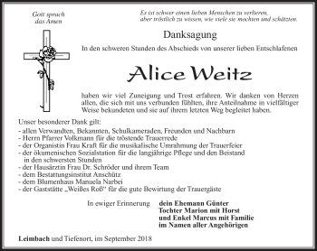 Traueranzeige von Alice Weitz von Südthüringer Presse
