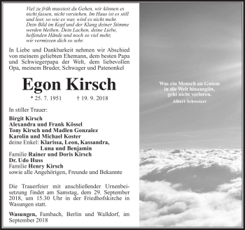 Traueranzeige von Egon Kirsch von Südthüringer Presse