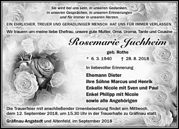 Traueranzeige von Rosemarie Juchheim von Südthüringer Presse