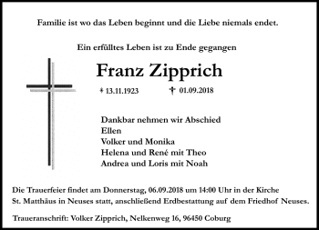 Traueranzeige von Franz Zipprich von Neue Presse Coburg