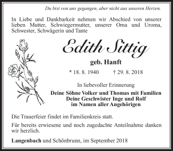 Traueranzeige von Edith Sittig von Südthüringer Presse