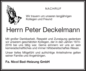 Traueranzeige von Peter Deckelmann von Frankenpost