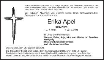 Traueranzeige von Erika Apel von Neue Presse Coburg