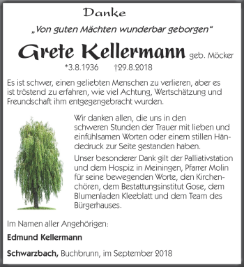 Traueranzeige von Grete Kellermann von Südthüringer Presse