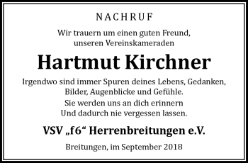 Traueranzeige von Hartmut Kirchner von Südthüringer Presse