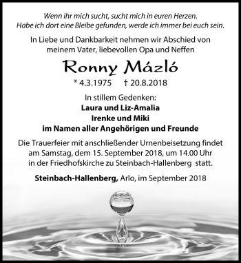Traueranzeige von Ronny Mazlo von Südthüringer Presse