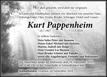 Traueranzeige von Kurt Pappenheim von Südthüringer Presse