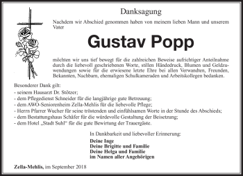 Traueranzeige von Gustav Popp von Südthüringer Presse