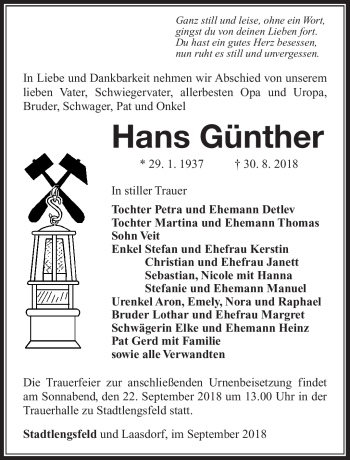 Traueranzeige von Hans Güther von Südthüringer Presse