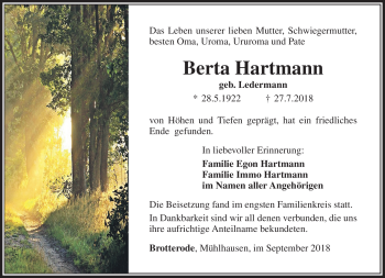 Traueranzeige von Berta Hartmann von Südthüringer Presse