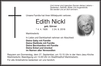 Traueranzeige von Edith Nickl von Frankenpost