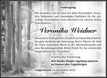 Traueranzeige von Veronika Weidner von Südthüringer Presse