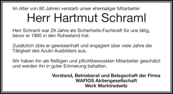 Traueranzeige von Hartmut Schraml von Frankenpost