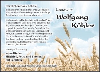 Traueranzeige von Wolfgang Köhler von Südthüringer Presse