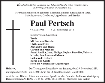 Traueranzeige von Paul Pertsch von Südthüringer Presse