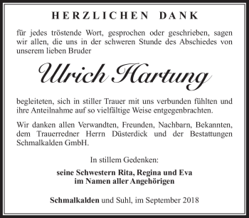 Traueranzeige von Ulrich Hartung von Südthüringer Presse