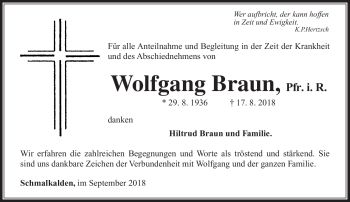Traueranzeige von Wolfgang Braun von Südthüringer Presse