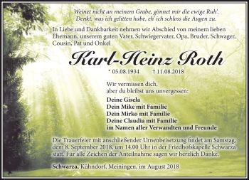 Traueranzeige von Karl-Heinz Roth von Südthüringer Presse
