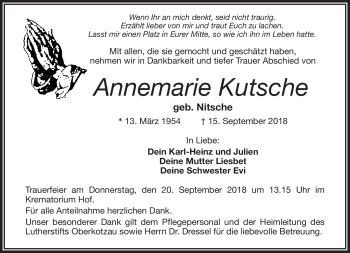 Traueranzeige von Annemarie Kutsche von Frankenpost