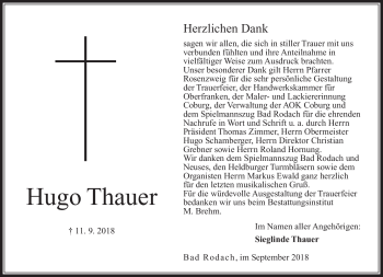 Traueranzeige von Hugo Thauer von Neue Presse Coburg