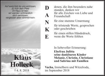 Traueranzeige von Klaus Holleck von Südthüringer Presse