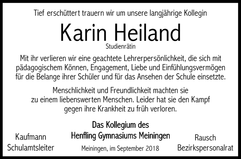  Traueranzeige für Karin Heiland vom 15.09.2018 aus Südthüringer Presse