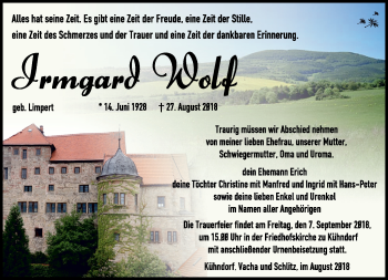 Traueranzeige von Irmgard Wolf von Südthüringer Presse