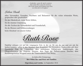 Traueranzeige von Ruth Rose von Südthüringer Presse
