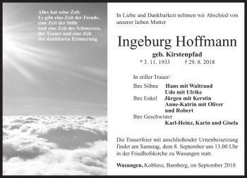 Traueranzeige von Ingeborg Hoffmann von Südthüringer Presse