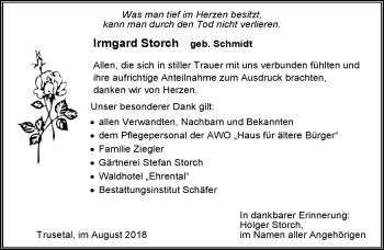 Traueranzeige von Irmgard Storch von Südthüringer Presse