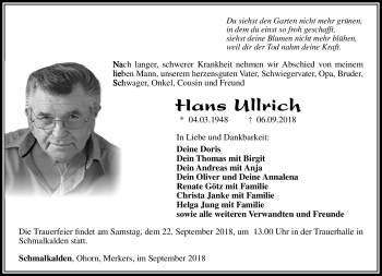 Traueranzeige von Hans Ullrich von Südthüringer Presse